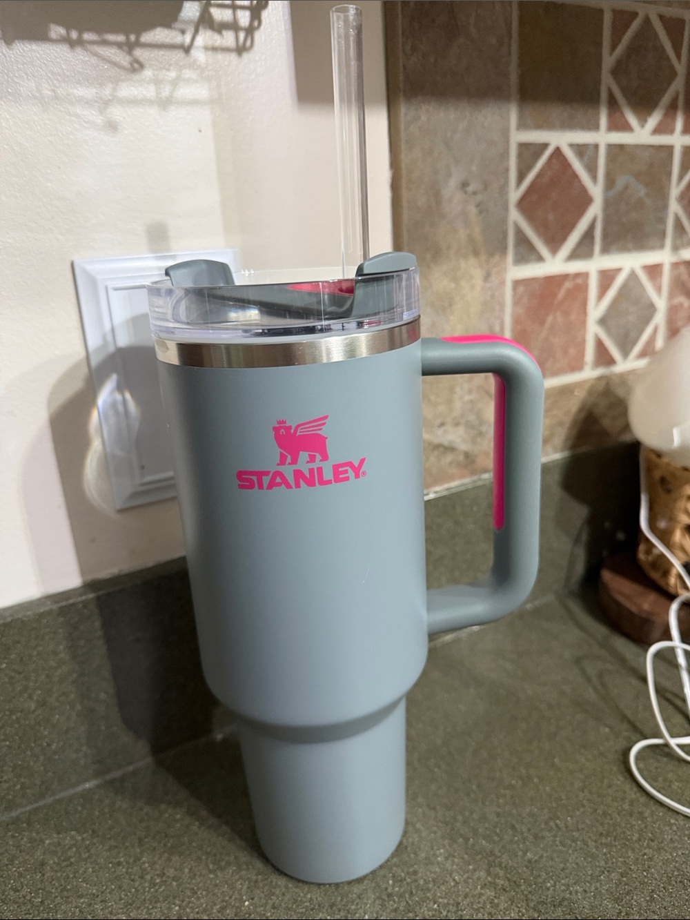 Stanley Gray Travel Mug with Pink Logo and Handle Accent